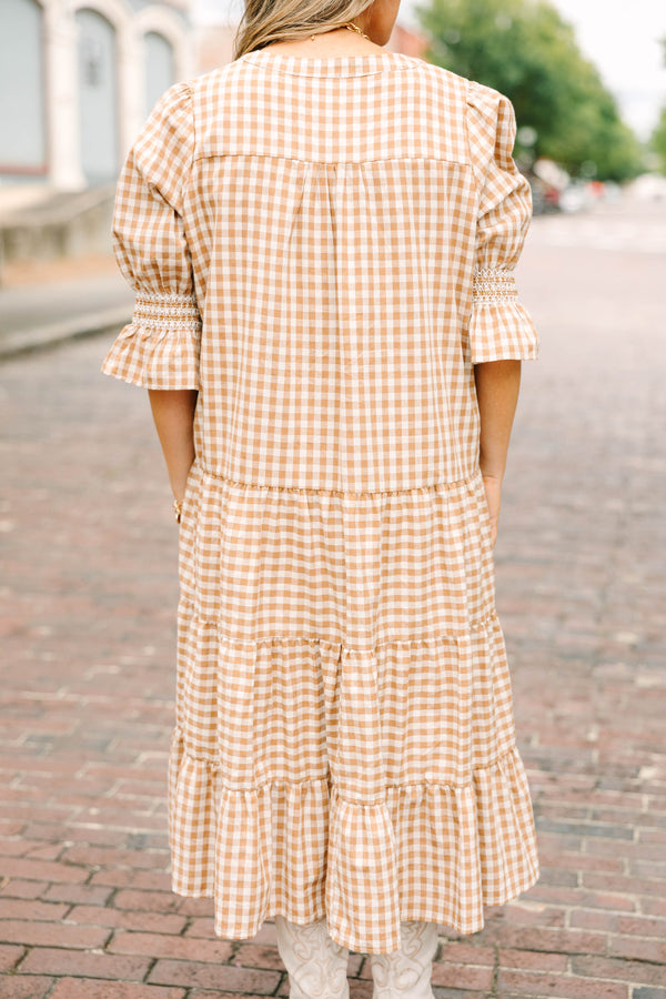 Plus size clothing, brown gingham midi dress with tiered skirt and mini bell sleeves
