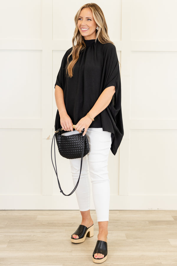 Chic Soul plus size clothing, short-sleeve black flowy high-low hemline top with a mockneck 