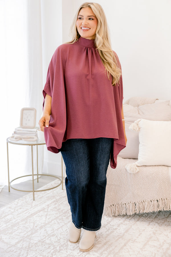 Chic Soul plus size clothing, dark mauve high neck short sleeve bat wing tunic top