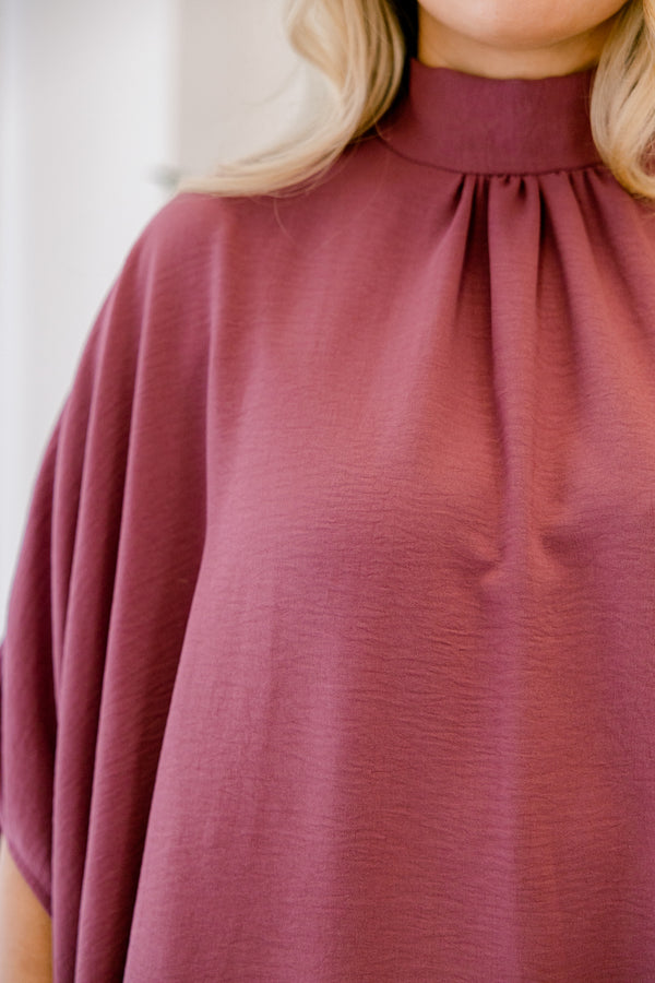 Chic Soul plus size clothing, dark mauve high neck short sleeve bat wing tunic top