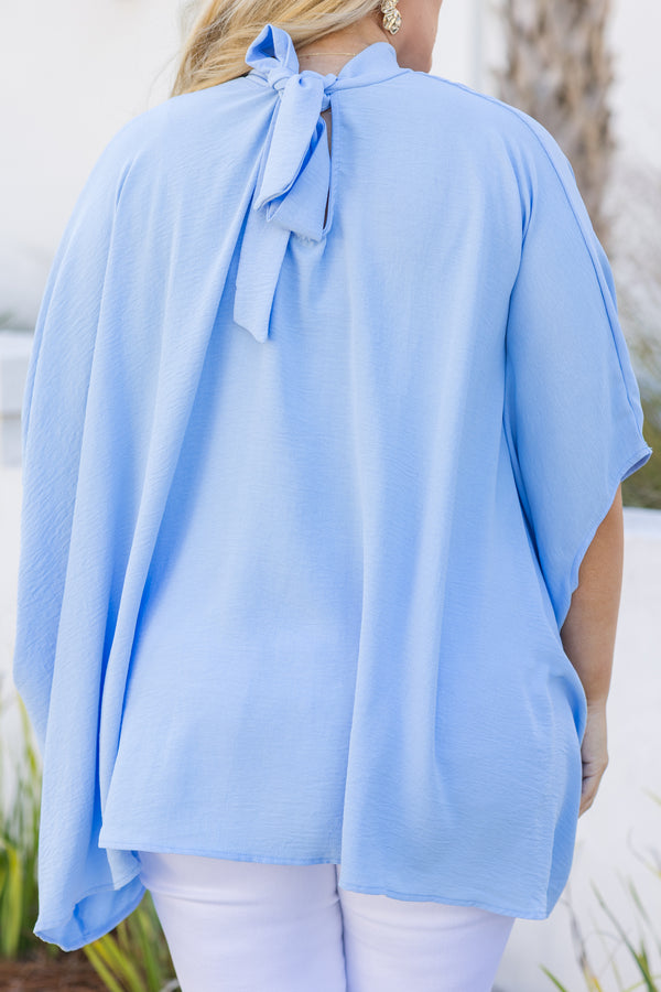 Chic Soul plus size clothing, light blue flowy silk top with a high neck and short sleeves 