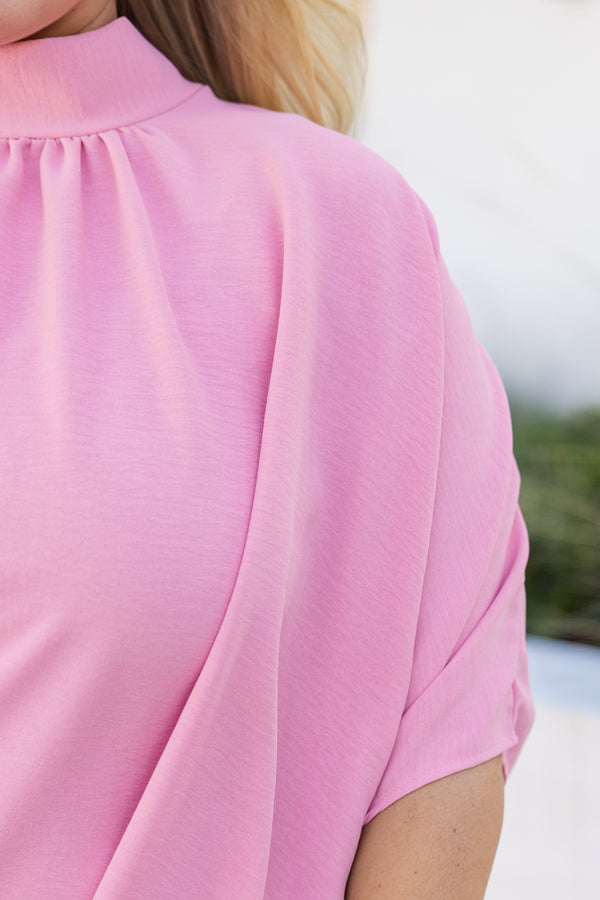 Chic Soul plus size clothing, pink flowy high neck silk top with short sleeves and a back tie 