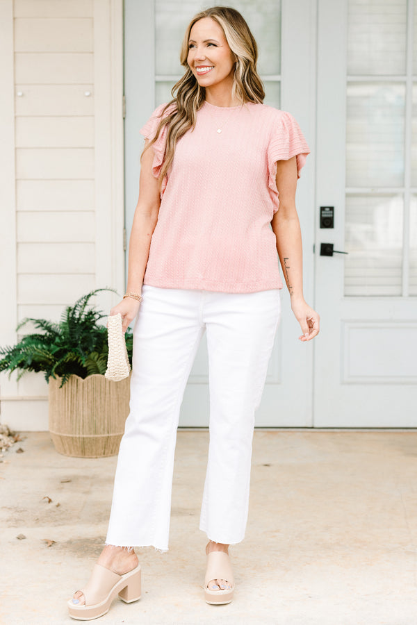 chic soul plus size clothing, light pink top with short ruffle sleeves 