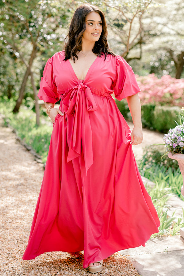 Chic Soul plus size clothing, fuchsia pink maxi dress with a tie at waist and a v neck