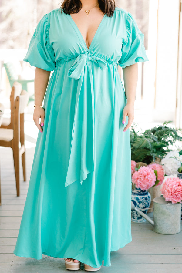 Chic Soul plus size clothing, short sleeve seafoam green maxi dress with waist tie