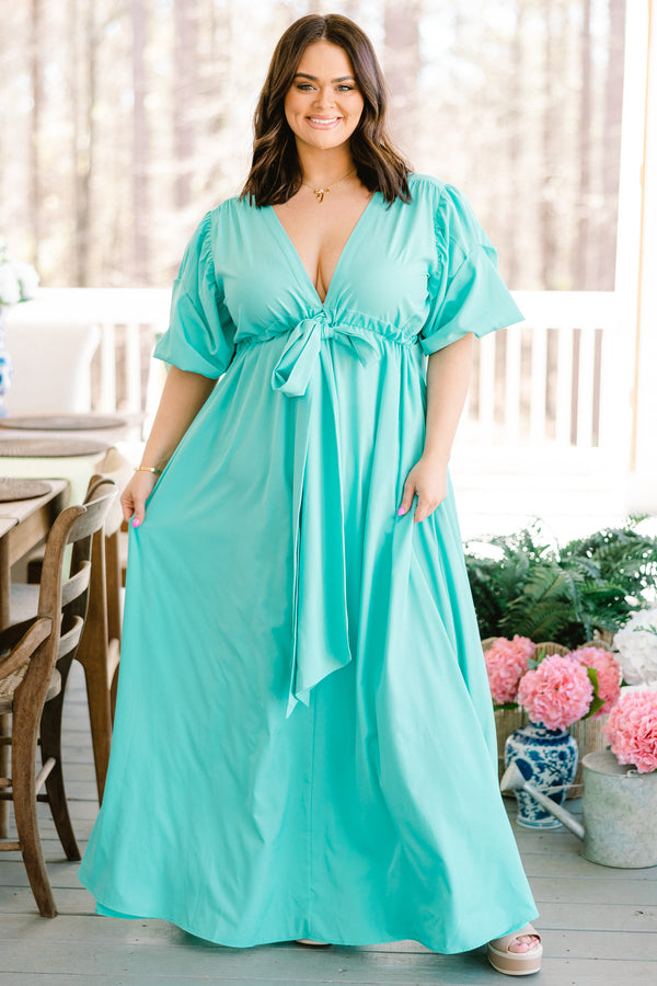 Chic Soul plus size clothing, short sleeve seafoam green maxi dress with waist tie