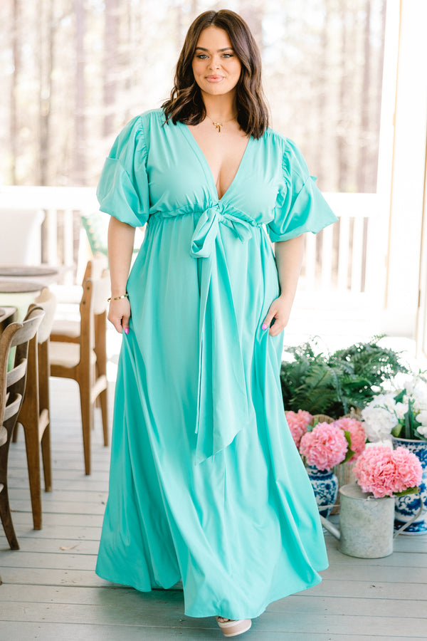 Chic Soul plus size clothing, short sleeve seafoam green maxi dress with waist tie