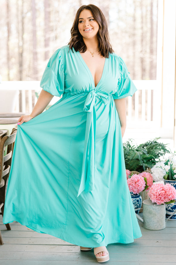 Chic Soul plus size clothing, short sleeve seafoam green maxi dress with waist tie