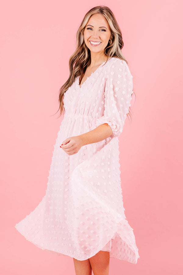 Chic Soul plus size clothing, pink swiss dotted babydoll florall midi dress
