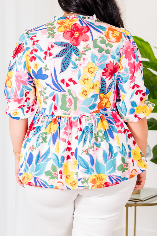 Chic Soul plus size clothing, white babydoll mid sleeve top with floral pattern and tassels at collar