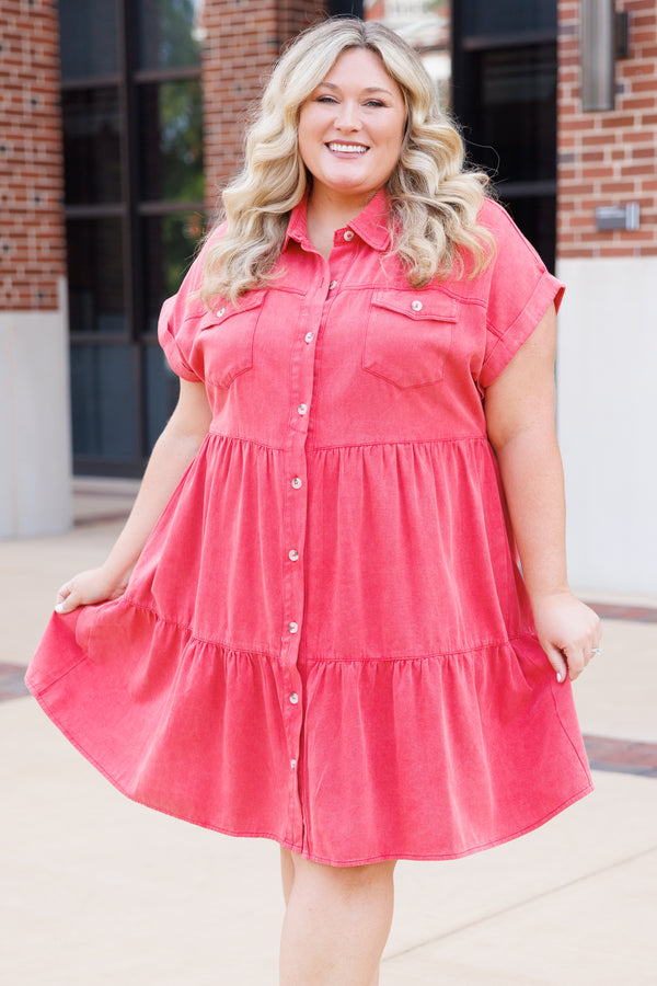 Chic Soul plus size clothing, red denim button down collared tiered dress with front pockets