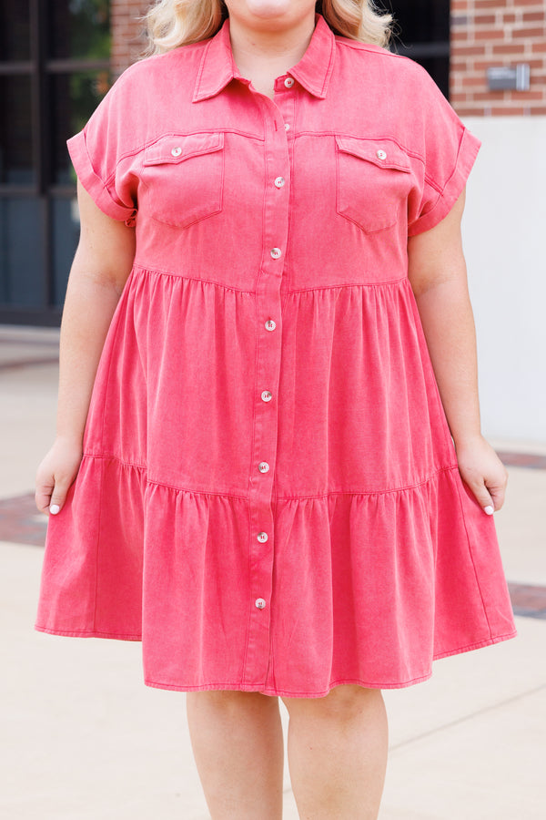 Chic Soul plus size clothing, red denim button down collared tiered dress with front pockets