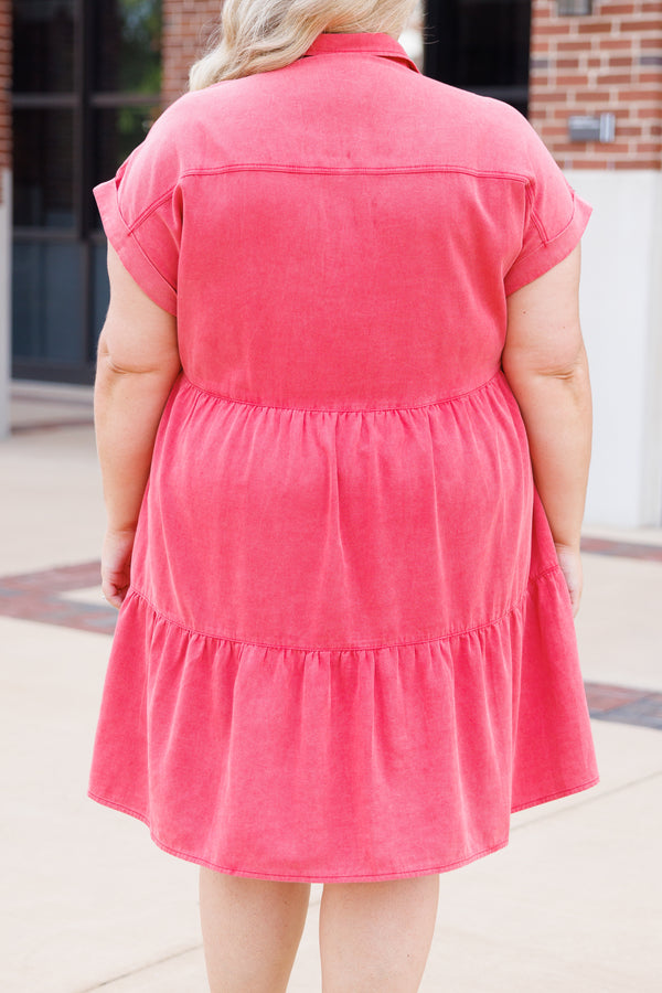 Chic Soul plus size clothing, red denim button down collared tiered dress with front pockets
