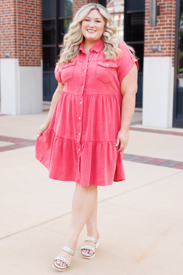 Chic Soul plus size clothing, red denim button down collared tiered dress with front pockets