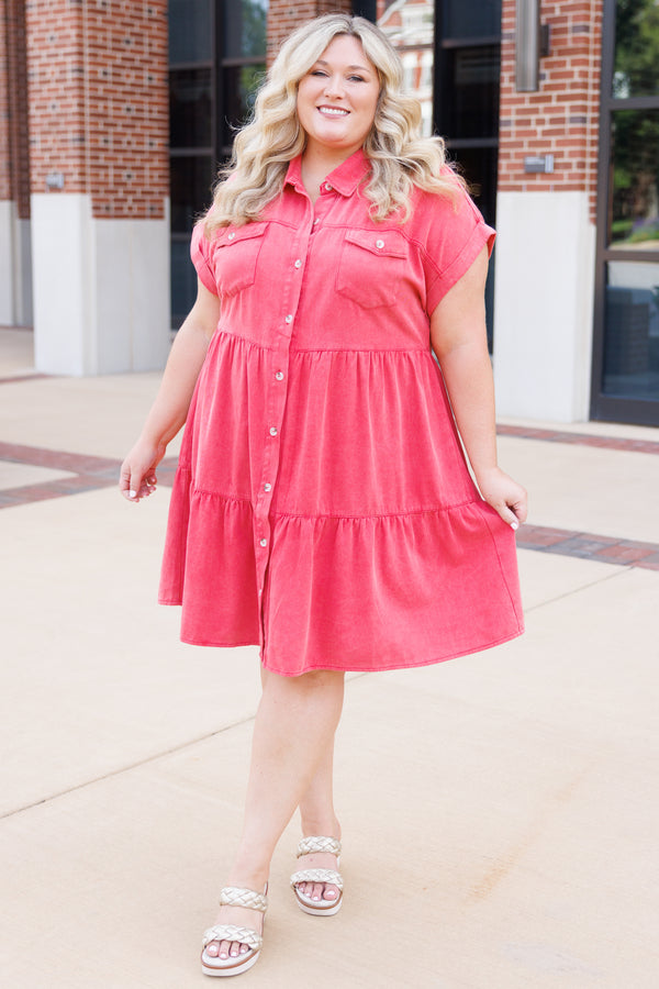 Chic Soul plus size clothing, red denim button down collared tiered dress with front pockets