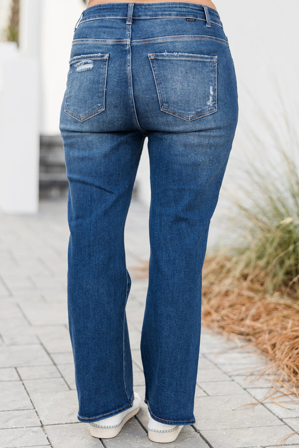 Chic Soul plus size clothing, mid-waisted dark wash straight-leg jeans with silver button detailing