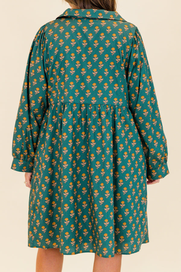 Chic Soul plus size clothing, green long sleeve mini dress with small floral print with v neckline and collar detail with cuff sleeves