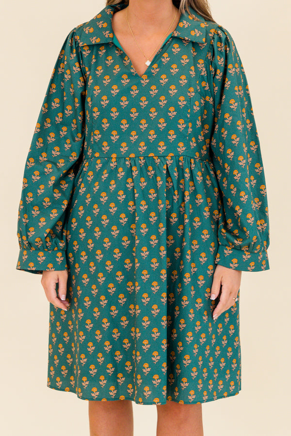 Chic Soul plus size clothing, green long sleeve mini dress with small floral print with v neckline and collar detail with cuff sleeves