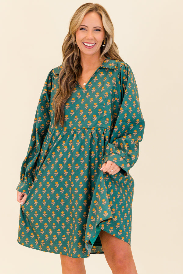 Chic Soul plus size clothing, green long sleeve mini dress with small floral print with v neckline and collar detail with cuff sleeves