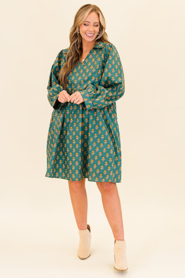Chic Soul plus size clothing, green long sleeve mini dress with small floral print with v neckline and collar detail with cuff sleeves