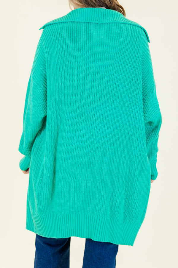 Chic Soul plus size clothing, knee-length long-sleeve emerald green knit cardigan with tortoise button detailing