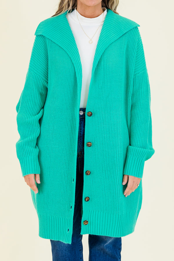 Chic Soul plus size clothing, knee-length long-sleeve emerald green knit cardigan with tortoise button detailing