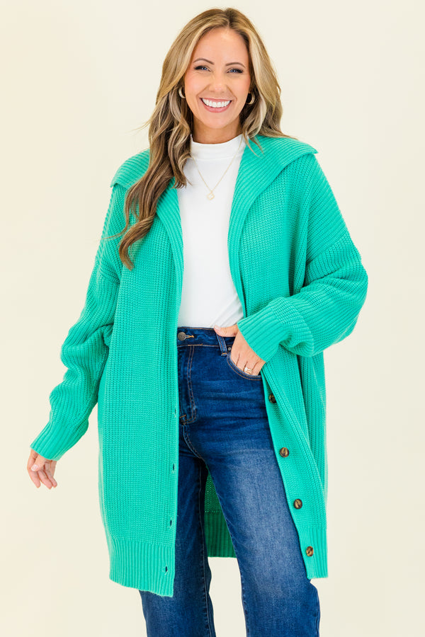 Chic Soul plus size clothing, knee-length long-sleeve emerald green knit cardigan with tortoise button detailing
