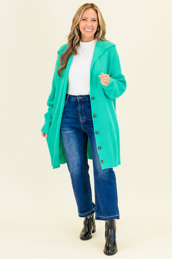 Chic Soul plus size clothing, knee-length long-sleeve emerald green knit cardigan with tortoise button detailing