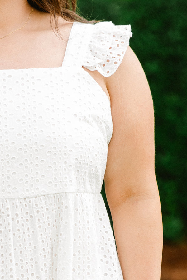 Chic Soul plus size clothing, eyelet white midi dress with ruffle sleeve straps and square neckline