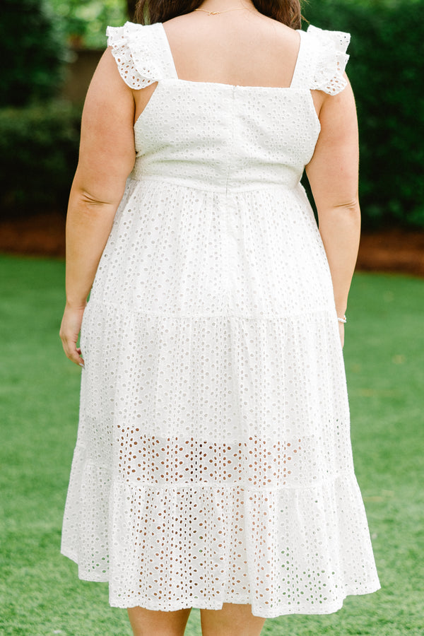 Chic Soul plus size clothing, eyelet white midi dress with ruffle sleeve straps and square neckline