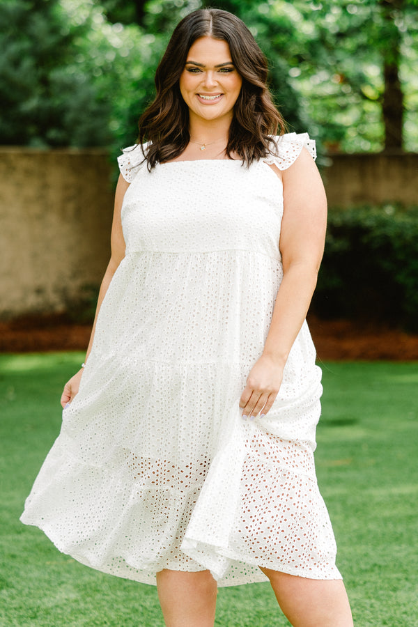 Chic Soul plus size clothing, eyelet white midi dress with ruffle sleeve straps and square neckline