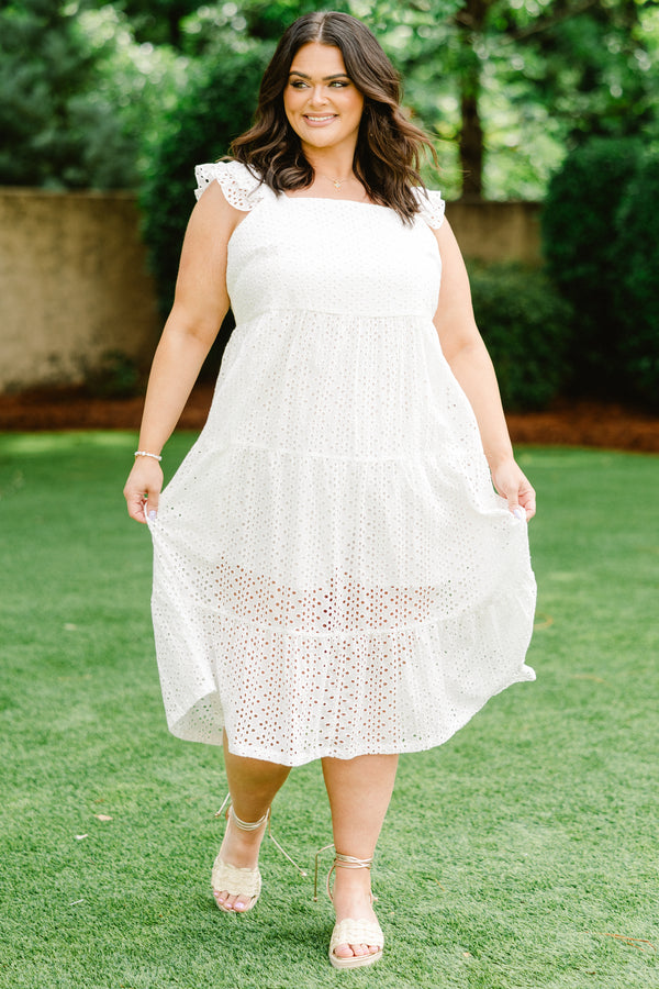 Chic Soul plus size clothing, eyelet white midi dress with ruffle sleeve straps and square neckline