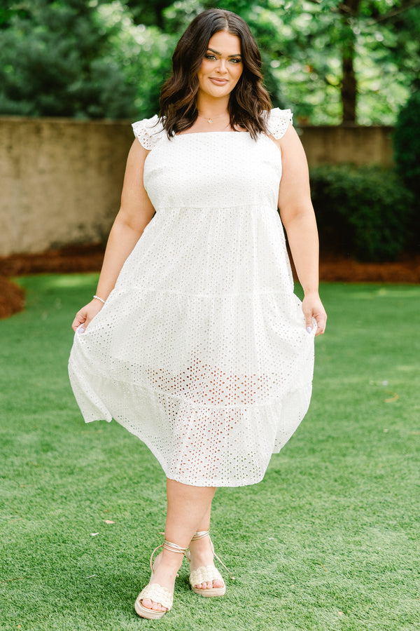 Chic Soul plus size clothing, eyelet white midi dress with ruffle sleeve straps and square neckline