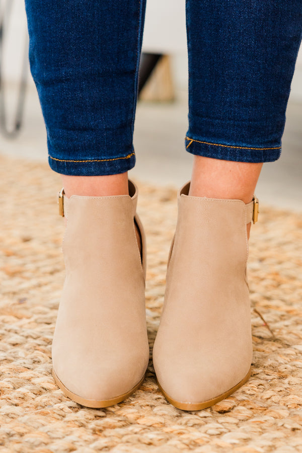 Chic Soul plus size clothing, taupe closed toe wood heel booties with strap and gold hardware buckle detail with pointed toe