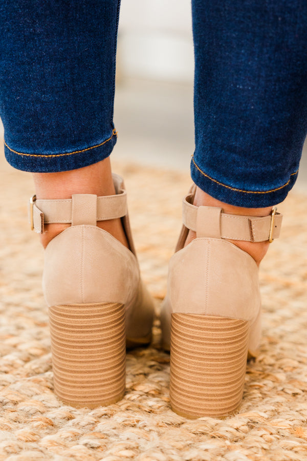 Chic Soul plus size clothing, taupe closed toe wood heel booties with strap and gold hardware buckle detail with pointed toe