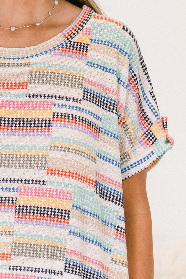 Chic Soul plus size clothing, short sleeve casual top with alternating knitted color blocks including royal blue and burnt orange