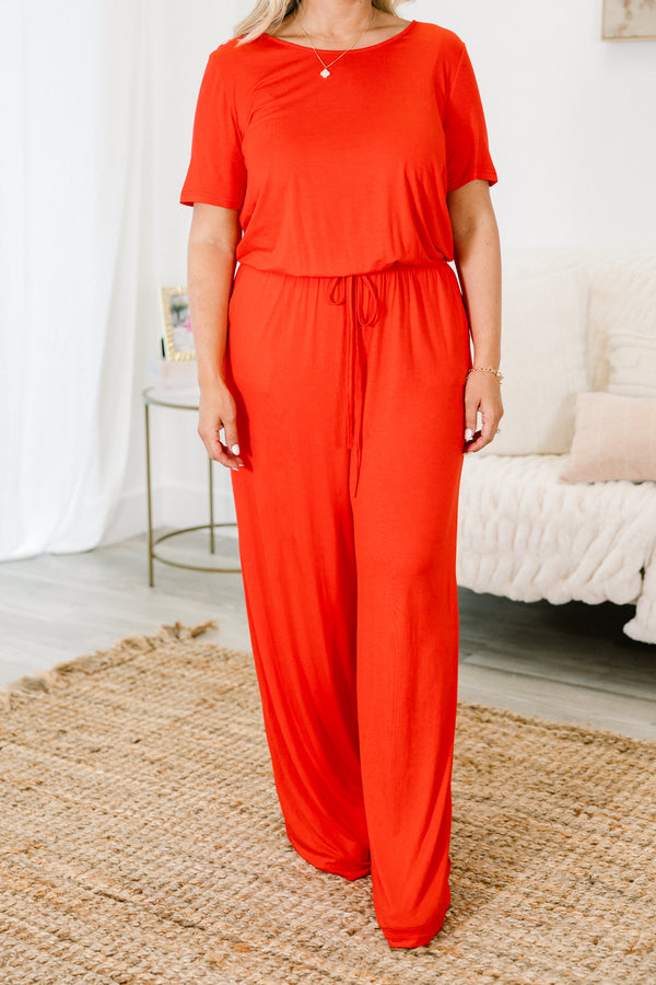 Chic Soul plus size clothing, red short sleeve long jumpsuit in red with drawstring waist