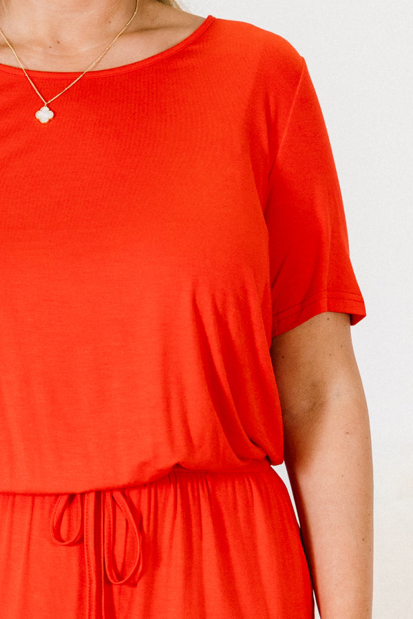 Chic Soul plus size clothing, red short sleeve long jumpsuit in red with drawstring waist