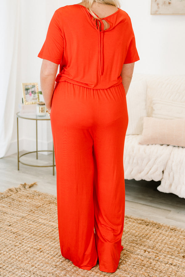 Chic Soul plus size clothing, red short sleeve long jumpsuit in red with drawstring waist