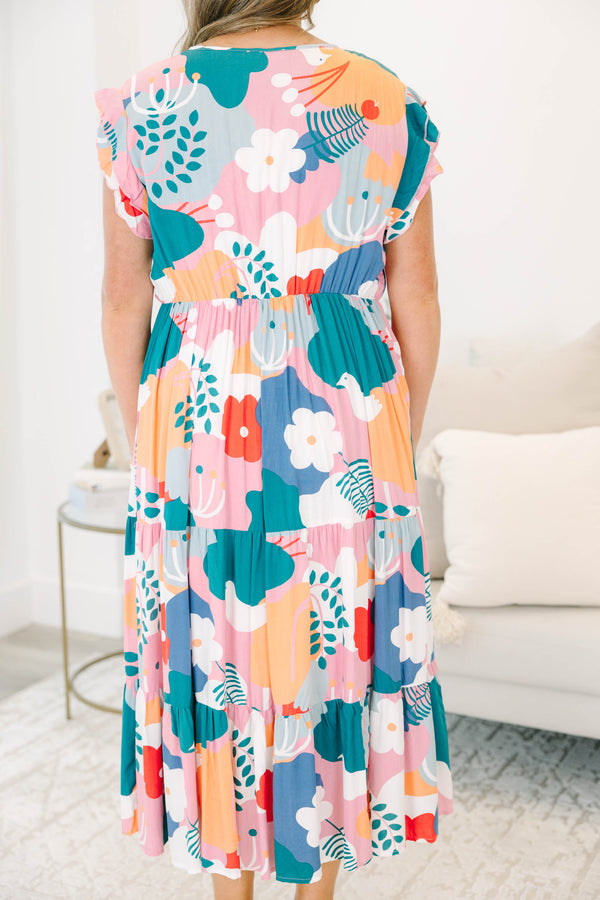 Chic Soul plus size clothing, pink multicolor short sleeve large print floral midi dress with v neckline with tie detail and ruffle sleeves with sinched waist