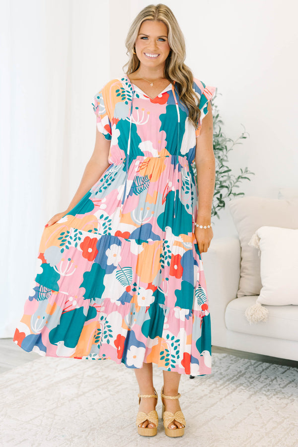 Chic Soul plus size clothing, pink multicolor short sleeve large print floral midi dress with v neckline with tie detail and ruffle sleeves with sinched waist