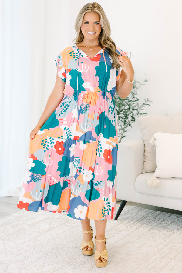 Chic Soul plus size clothing, pink multicolor short sleeve large print floral midi dress with v neckline with tie detail and ruffle sleeves with sinched waist