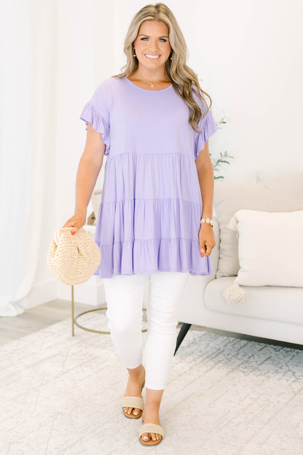 shirt, top, short sleeve, baby doll, loose, comfy, ruffle sleeves, lavender, purple