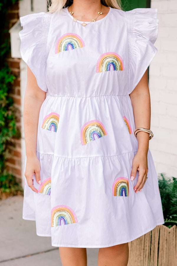 Chic Soul plus size clothing, short-flutter-sleeve white ruffled baby doll dress with a high-scoop-neckline and multi-colored sequined rainbow patches scattered across the dress with gold accents