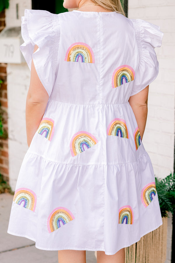 Chic Soul plus size clothing, short-flutter-sleeve white ruffled baby doll dress with a high-scoop-neckline and multi-colored sequined rainbow patches scattered across the dress with gold accents
