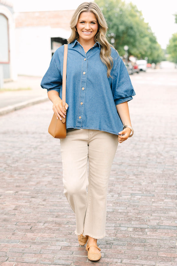 Plus size denim Love Comes Easy Top with a flowy fit, puff sleeves, and button-down front.