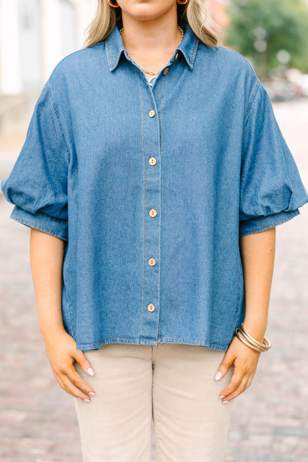 Plus size denim Love Comes Easy Top with a flowy fit, puff sleeves, and button-down front.