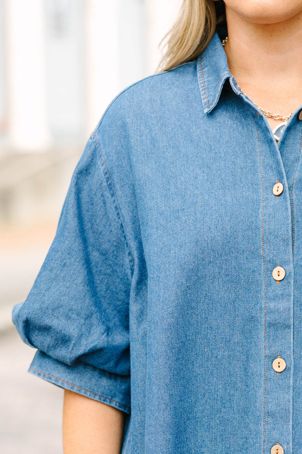 Plus size denim Love Comes Easy Top with a flowy fit, puff sleeves, and button-down front.