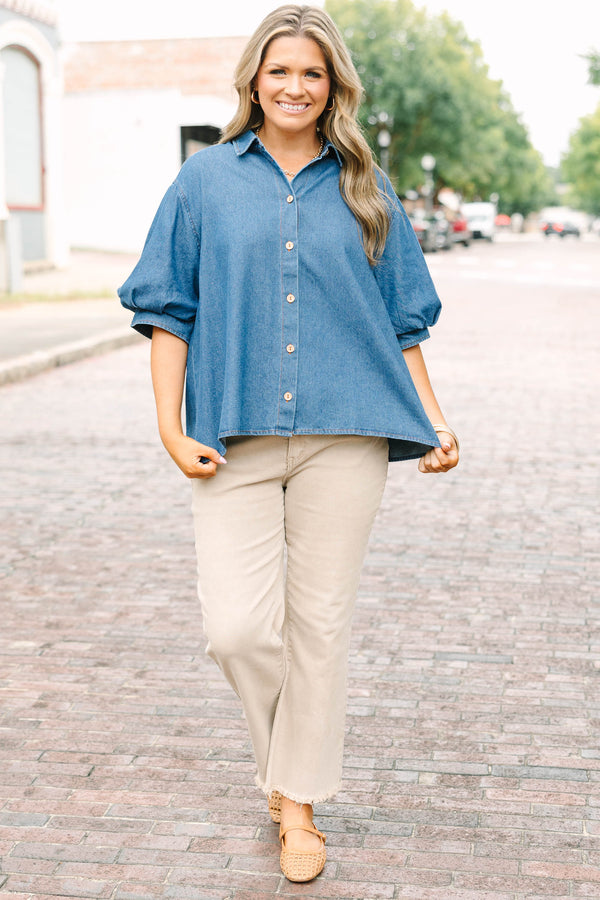 Plus size denim Love Comes Easy Top with a flowy fit, puff sleeves, and button-down front.