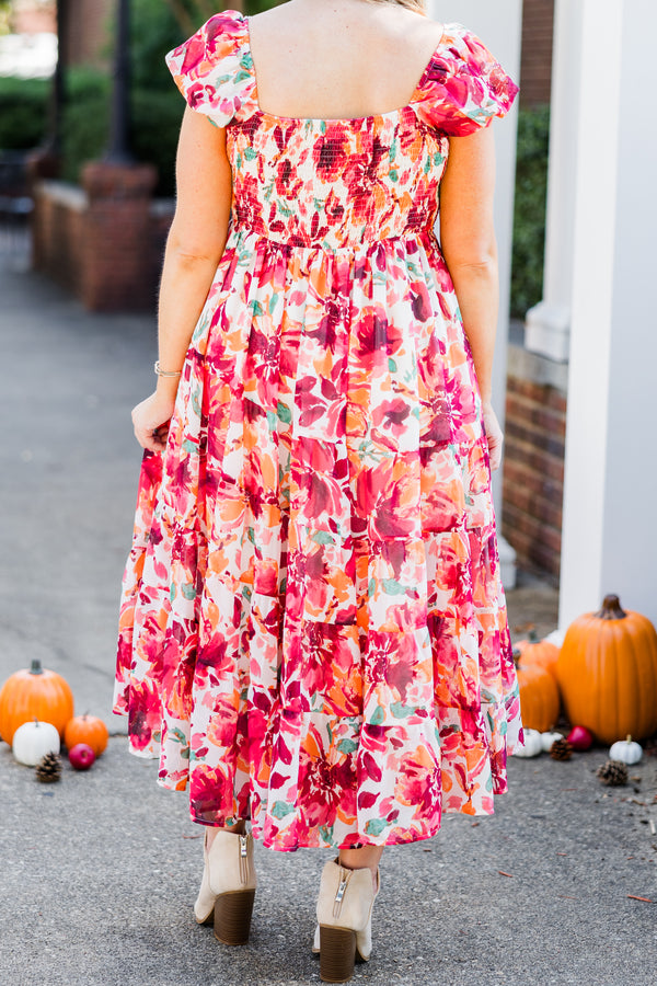 Chic Soul plus size clothing, red floral print short sleeve midi dress with smocked waist detail with v neckline and flutter sleeves